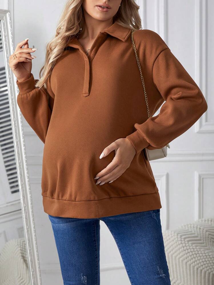 SHEIN Maternity Drop Shoulder Sports Sweatshirt - Brown - View 1