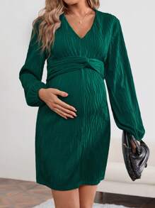 SHEIN Maternity Textured Fabric Twist Knot Dress - Green - View 5