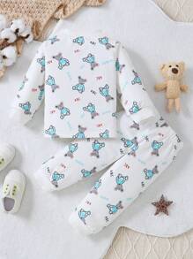 Set de 2 pijamas con forro térmico y estampado de gato para bebés y niños pequeños, adecuado para 6-24 meses, otoño/invierno