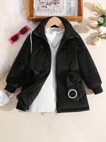 SHEIN Little Girls' Solid Color Zipper Front Belted Jacket - Black - View 4