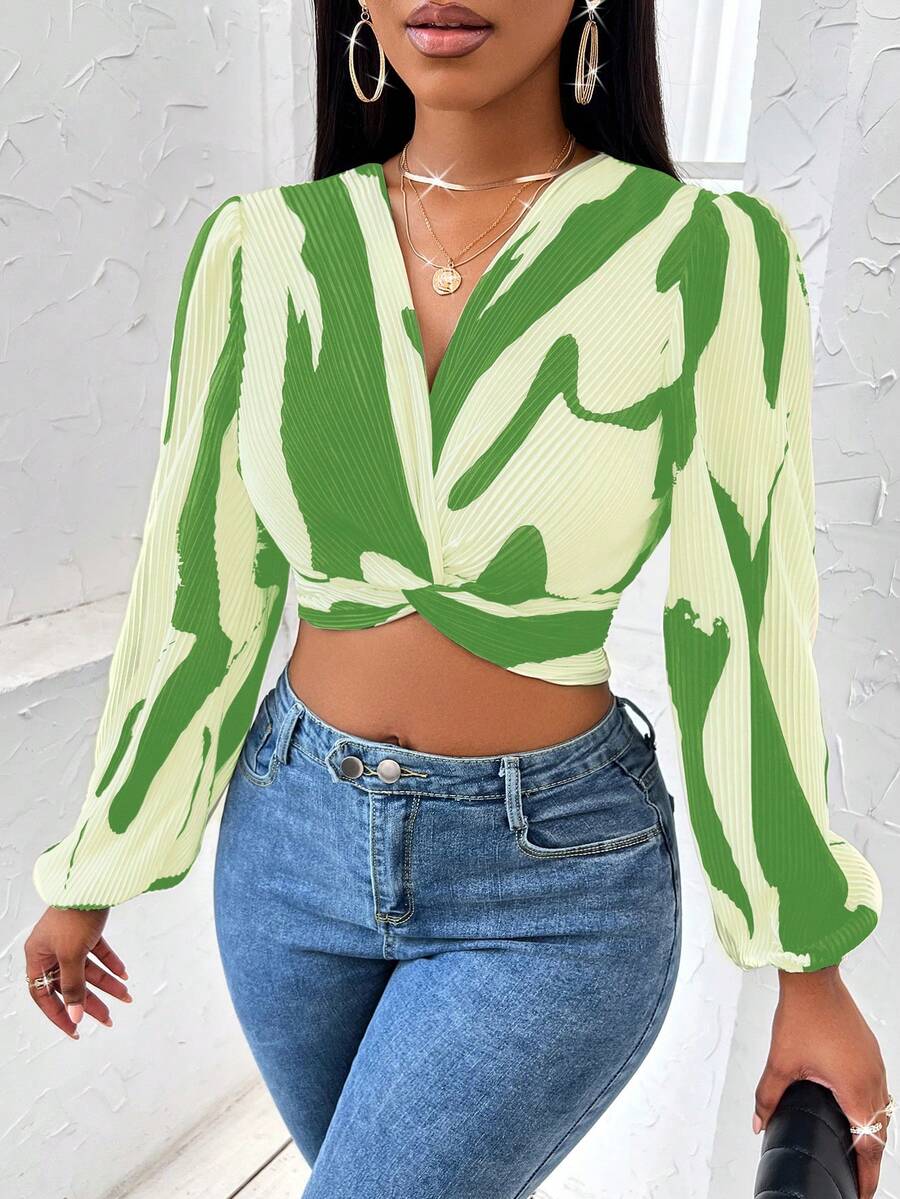 SHEIN Slayr Của phụ nữ Khối màu Xoắn Nút Quần skinny Áo sơ mi Với Xếp - màu xanh lá - Xem 1