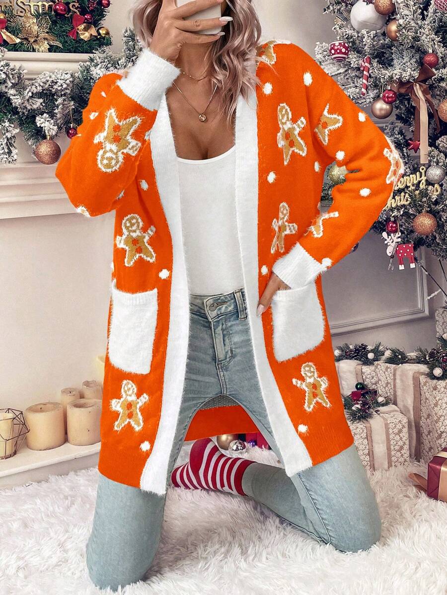 SHEIN Essnce 女性休閒開衫針織衫,帶著薑餅人圖案 - 橘色 - 查看 1