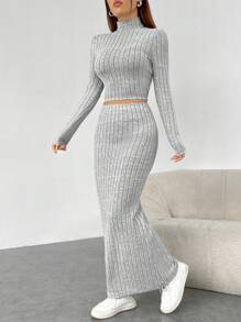 SHEIN EZwear 女用灰色針織緊身立領長袖上衣配裙子套裝 - 灰色 - 查看 5