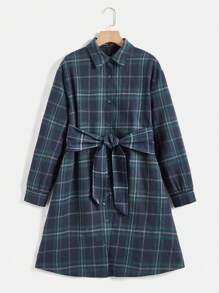 SHEIN Maternity Plaid Belted Dress - Navy Blue - View 6