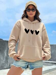 SHEIN EZwear 女士心形印花束口連帽衛衣 - 卡其色 - 查看 4