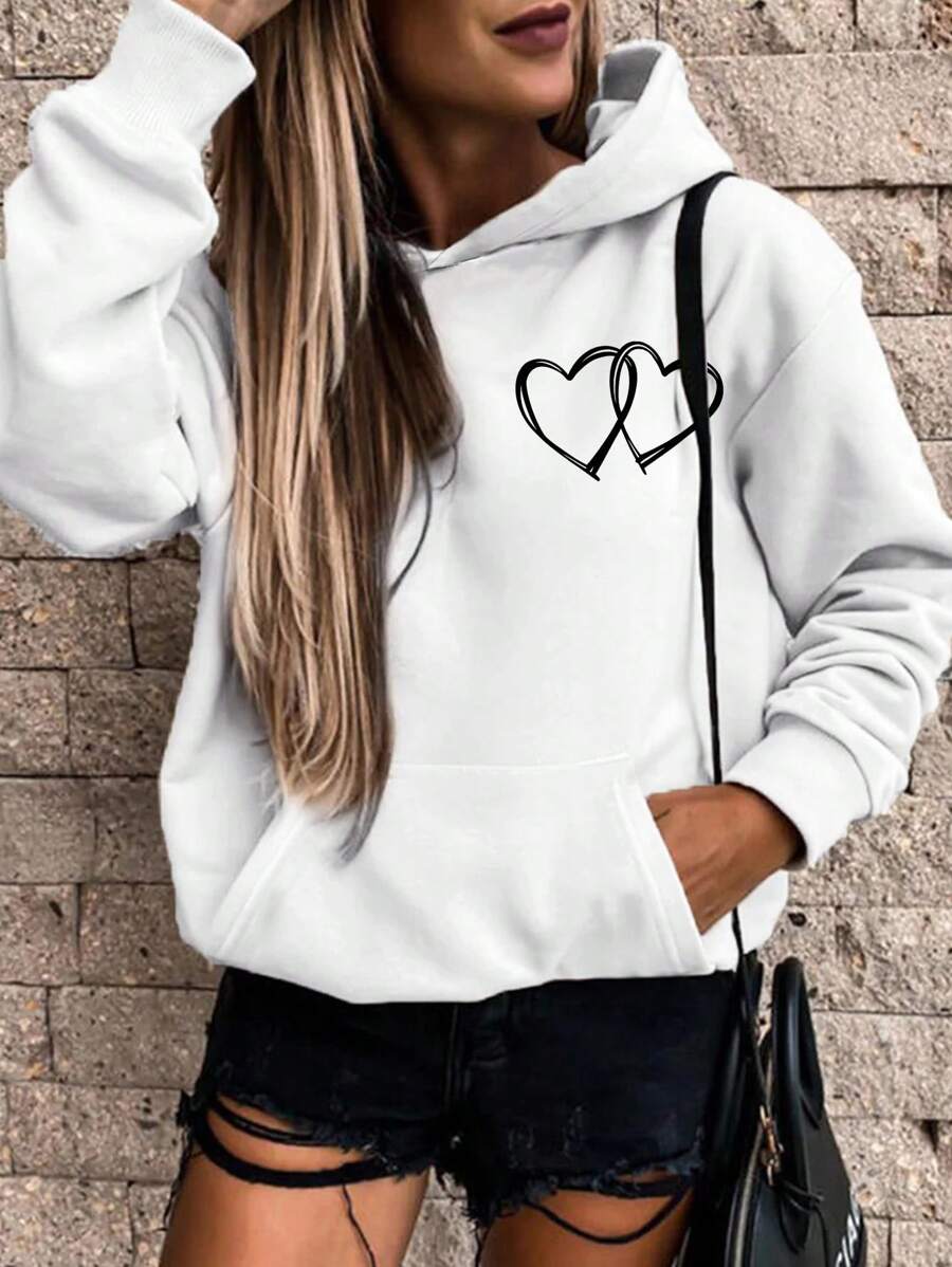 SHEIN LUNE 女款心型印花連帽運動衫 - 白色 - 查看 1
