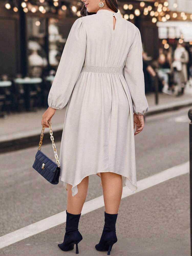Plus Mock Neck Lantern Sleeve Hanky Hem Dress Without Belt Fall Cloth For Women