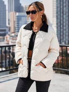 SHEIN Essnce Casual Minimalistic Contrast Color Trim Padded Coat, Winter - Black and White - View 4