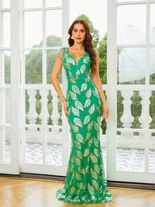 Missord Women's Leaf Sequins Pattern Evening Gown Dress - Green - View 7