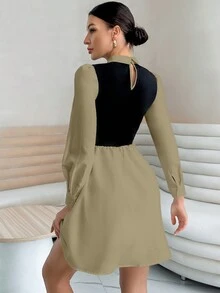 SHEIN Essnce 女式二合一翻領連身裙 - 卡其色 - 查看 2