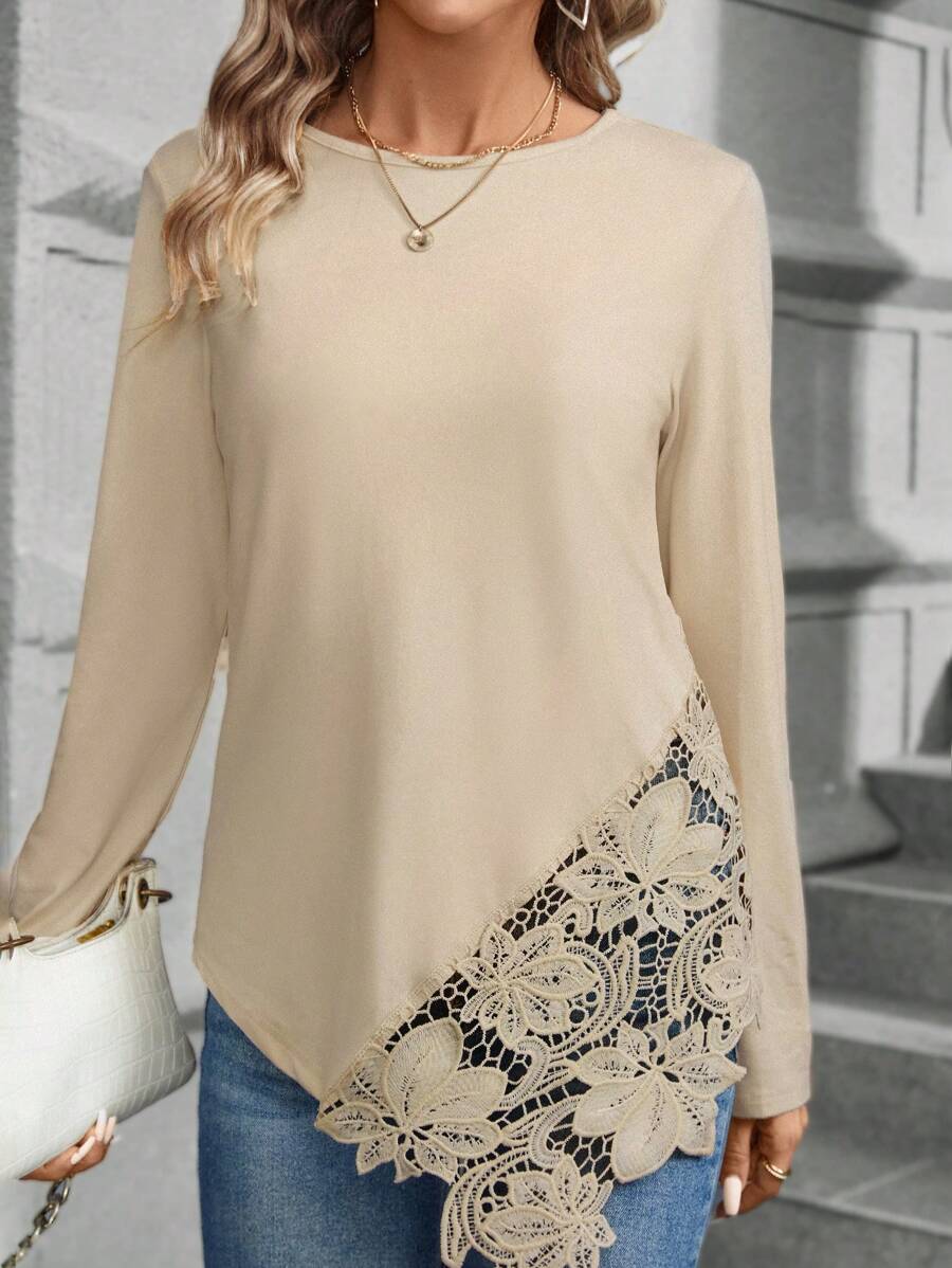 SHEIN LUNE Lace Splicing Asymmetrical Hem T-shirt - Apricot - View 1
