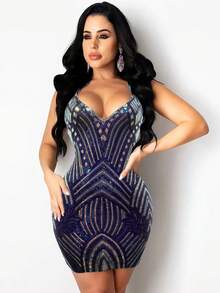 Plunging Neck Sequin Bodycon Dress - Blue - View 3