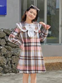 SHEIN 少女蝴蝶結前方聲明領襯衫袖子格紋洋裝 - 彩色 - 查看 2
