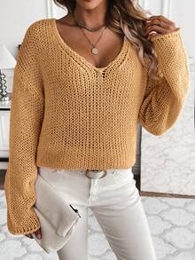 SHEIN Essnce Women's Solid Color V-neck Drop Shoulder Sweater - Yellow - View 5