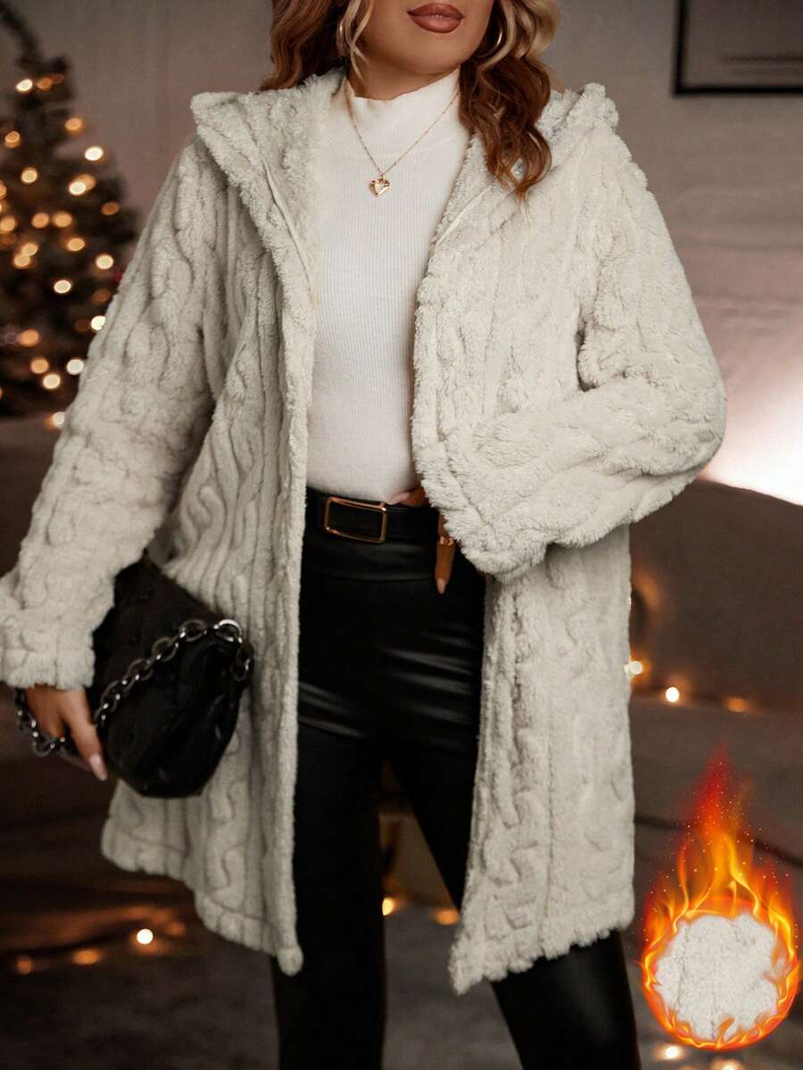 EMERY ROSE 大碼開門襟連帽開門襟毛茸茸外套 - 杏色 - 查看 1