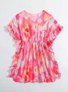 適合青少女的流體印花荷葉邊裙 - 紅色 - 查看 5