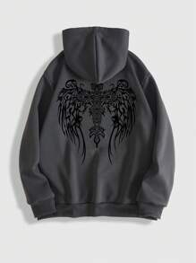 ROMWE MEN Goth 男士翅膀印花袋鼠口繩扣保暖連帽衫 - 灰色 - 查看 1