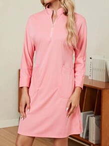 SHEIN LUNE Solid Color Zipper Half Placket Dress - Pink - View 3