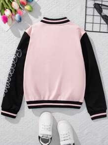 SHEIN Tween Girl Color Block Baseball Jacket With Letter Patch - Multicolor - View 2
