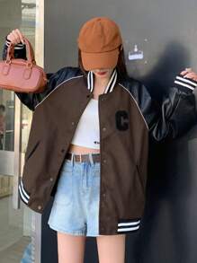 DAZY Áo khoác trễ vai có chữ cái dành cho nữ - Cà phê nâu - Xem 8