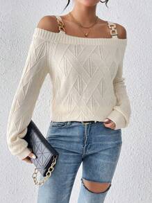 SHEIN LUNE Women's Cut Out Shoulder Sweater With Chain Strap - Beige - View 1