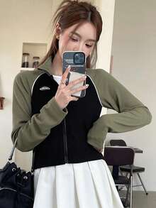 Dazy Star Áo khoác ngắn thời trang nữ có dây kéo và tay áo Raglan - màu đen - Xem 2