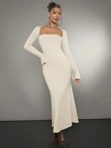 SHEIN BAE 女士方領短袖修身長裙