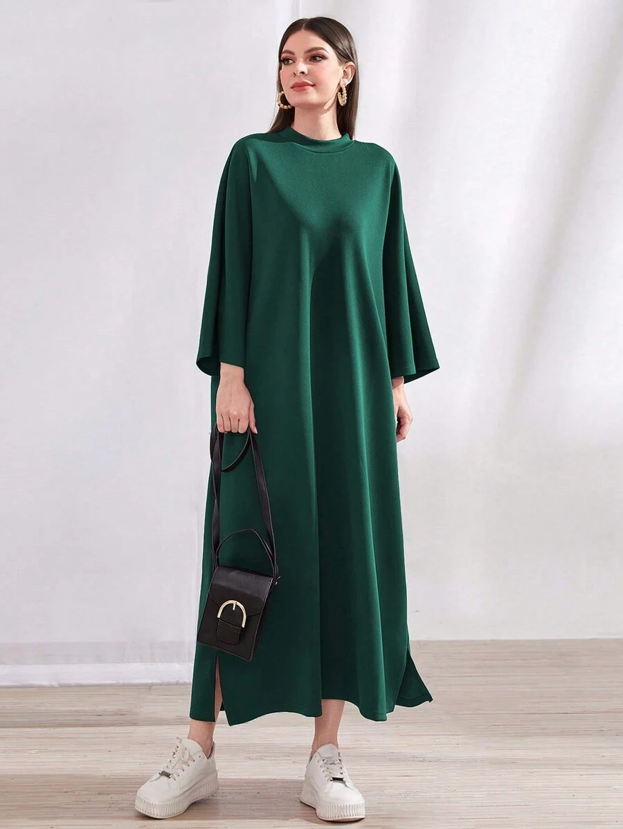 Mulvari Solid Color Batwing Sleeve Dress With Split Hem - Green - View 1