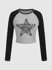 ROMWE Hippie 女星圖案插肩袖時尚t卹 - 灰色 - 查看 1