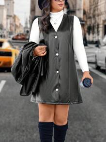 Calvaya Plus Size Women's Pu Button Down Dress - Black - View 3