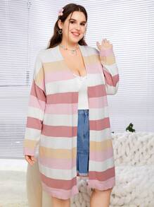 SHEIN EZwear Women's Plus Size Striped Color Block Cardigan - Multicolor - View 3