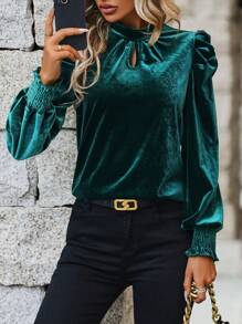 SHEIN Clasi Women's Velvet T-shirt With Keyhole Neckline - Dark Green - View 6