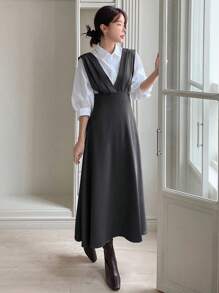 DAZY 女士纯色深V领无袖优雅吊带连衣裙，秋季服装