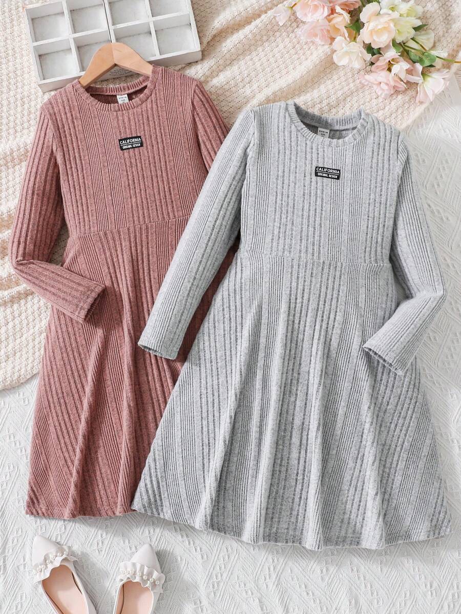 SHEIN Girls' 2pcs Basic Long Sleeve Casual Dress - Multicolor - View 1