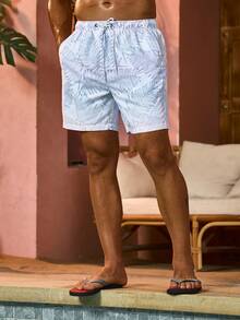 Manfinity 男士熱帶印花抽繩腰部沙灘短褲 - 彩色 - 查看 4