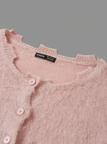 SHEIN EZwear Drop Shoulder Distressed Fluffy Cardigan - Dusty Pink - View 4