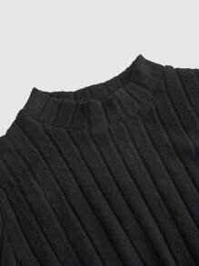SHEIN MOD Mock Neck Bell Sleeve Ribbed Knit Tee - Black - View 4