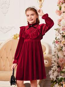 SHEIN 青少女學院風蝴蝶結及荷葉邊長袖裙 - 酒紅色 - 查看 3