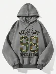 SHEIN Coolane Women's Camouflage And Letter Print Drawstring Hoodie - Grey - View 1