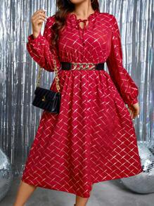 SHEIN Clasi 女款大尺碼燈籠袖繫帶印花布料洋裝,領口繫帶 - 紅色 - 查看 6