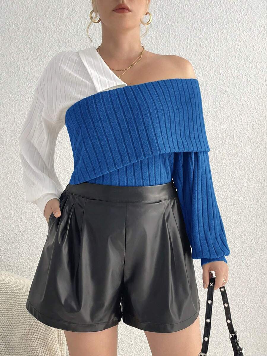 SHEIN Essnce Áo thun có vai bất đối xứng cỡ lớn dành cho nữ - Xanh đậm - Xem 1