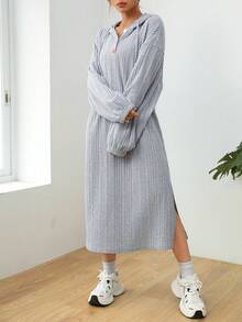 SHEIN EZwear Solid Color Drawstring Hoodie Dress With High Slit Hem - Grey - View 6