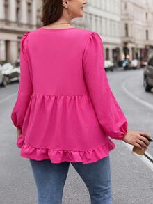 SHEIN LUNE Plus Size Solid Color Lantern Sleeve Dress - Hot Pink - View 2