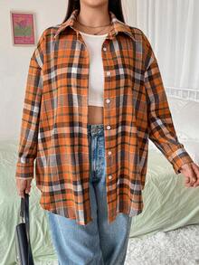 SHEIN LUNE 大码女式格子落肩纽扣衬衫 - 彩色 - 查看 4