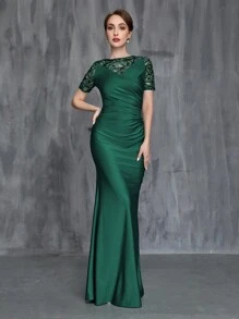 Women's Contrast Sequin Ruched Formal Dress - Dark Green - View 6