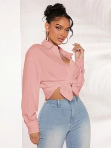 SHEIN SXY Của phụ nữ Thả vai Tay áo dài Áo sơ mi - Bụi hồng - Xem 6