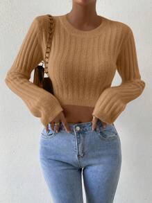 SHEIN LUNE Women's Solid Color Cropped Knit Pullover Fall Winter Sweater - Khaki - View 3