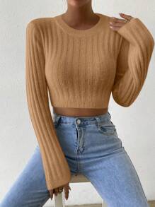 SHEIN LUNE Women's Solid Color Cropped Knit Pullover Fall Winter Sweater - Khaki - View 6