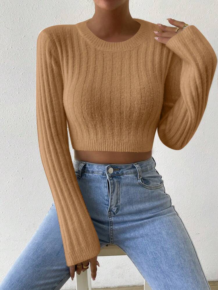 Women's Solid Color Cropped Knit Pullover Fall Winter Sweater