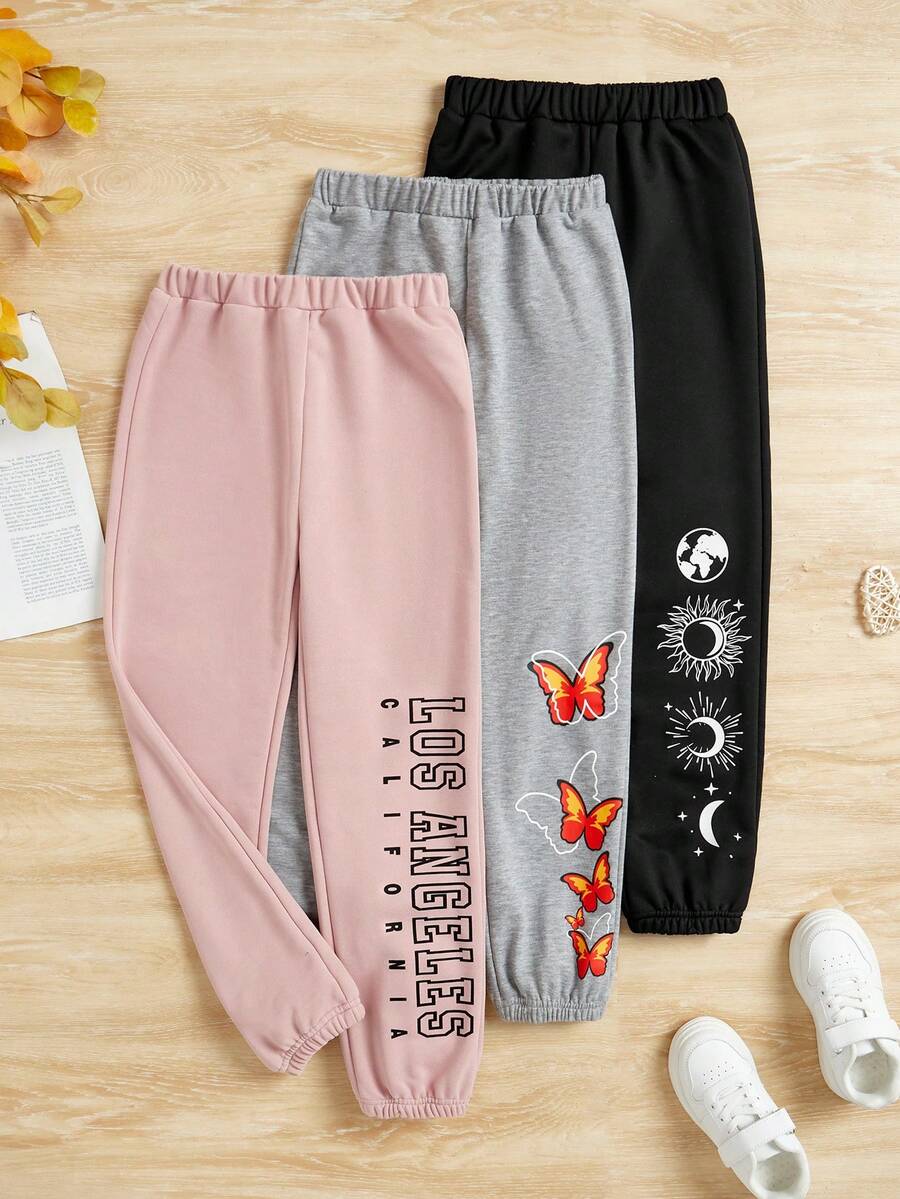 SHEIN 適合年輕女孩的3入組信封、蝴蝶和月亮圖案印花運動打底褲,秋冬季節必備款 - 彩色 - 查看 1